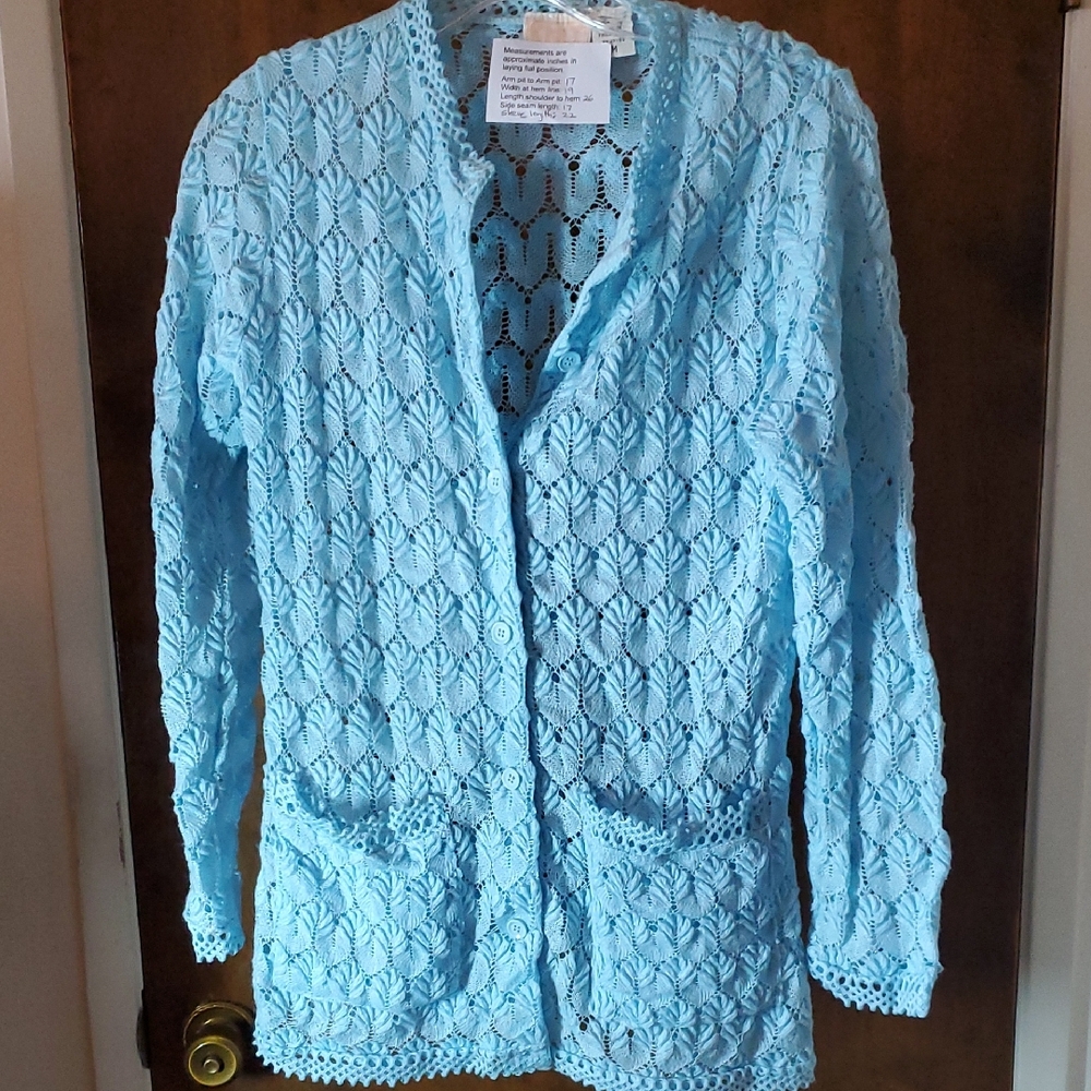 Women's Med. Blue Lace Crochet Cardigan button front, Long Sleeves delicate trim